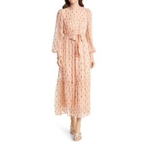 CIEBON Eryn Blush Metallic Print Tie Waist Long Sleeve Maxi Dress Sz S Cottage